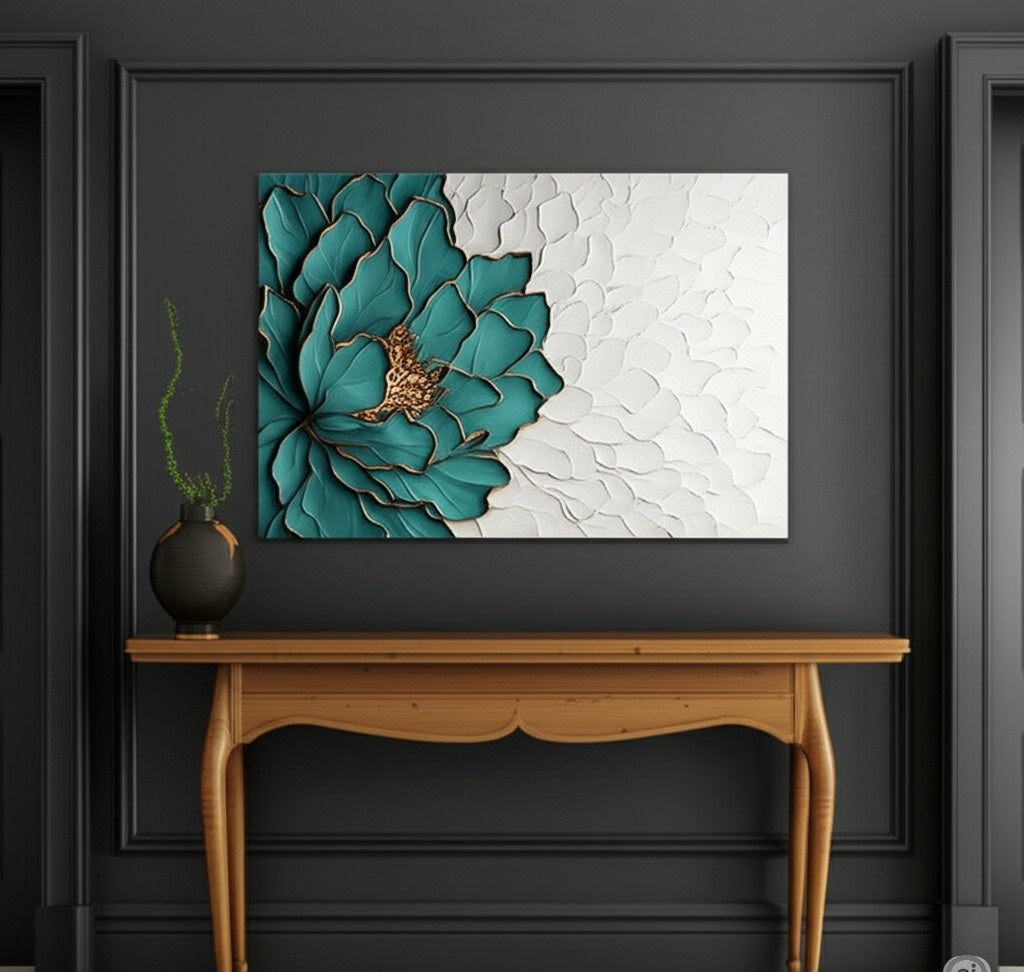 Modern teal and white floral wall art with gold highlights in bright room