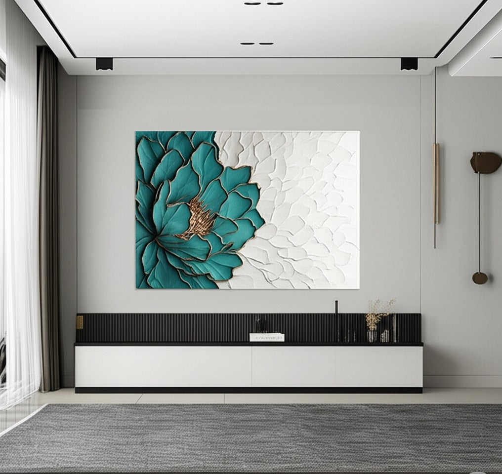 Oversized teal floral wall décor with gold accents for elegant home styling