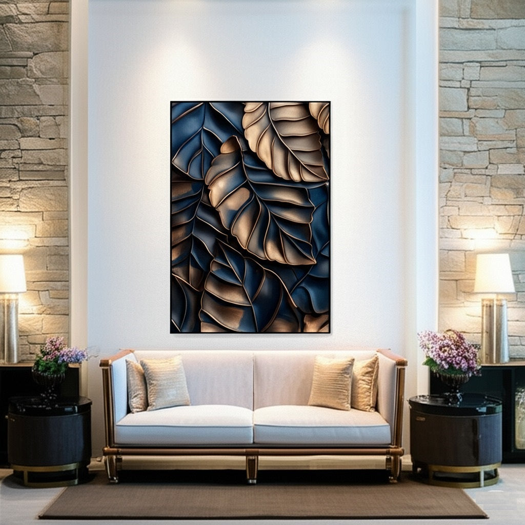 Navy & Gold Leaf Abstract Leaves Wall Art