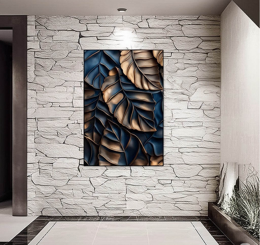 Navy & Gold Leaf Abstract Leaves Wall Art