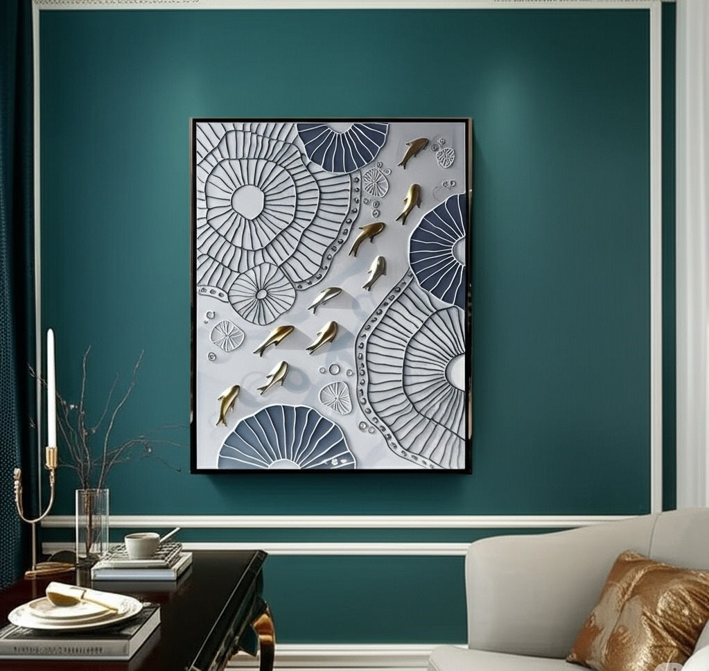 Lotus Drift: Golden Koi on Sculpted Waters