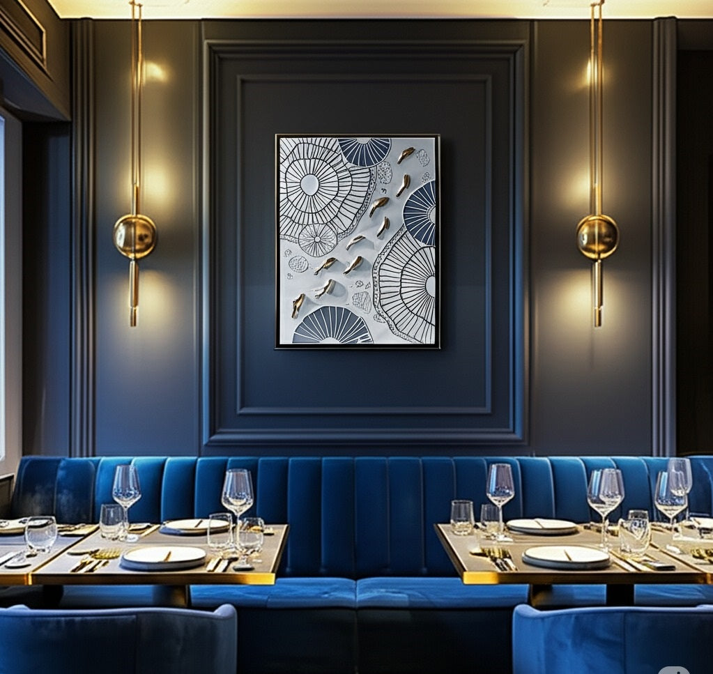 Lotus Drift: Golden Koi on Sculpted Waters