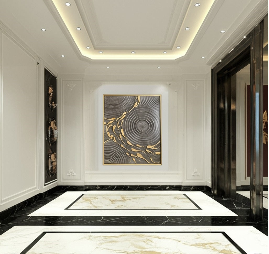 Golden Flow: Luxe Ripples on Charcoal Elegance