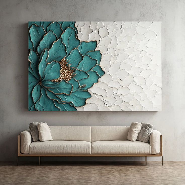 Elegant teal and gold textured floral wall art above a modern white sofa