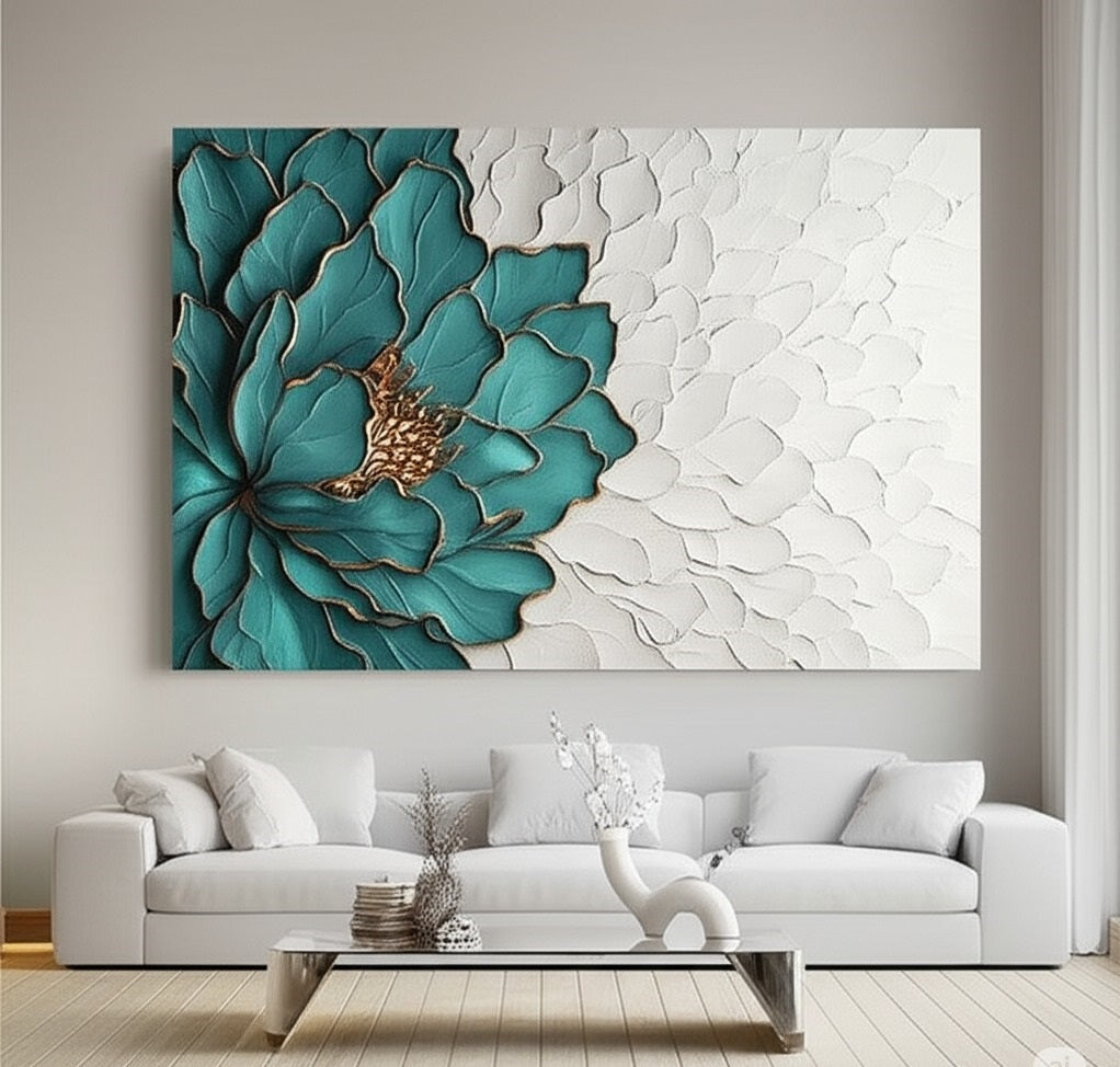 Large 3D teal flower canvas with gold accents for living room décor