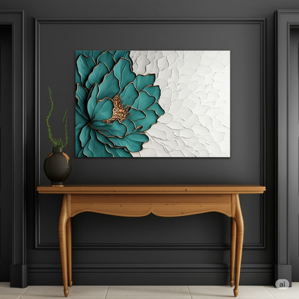 Hand-painted teal flower with textured gold details on a white background
