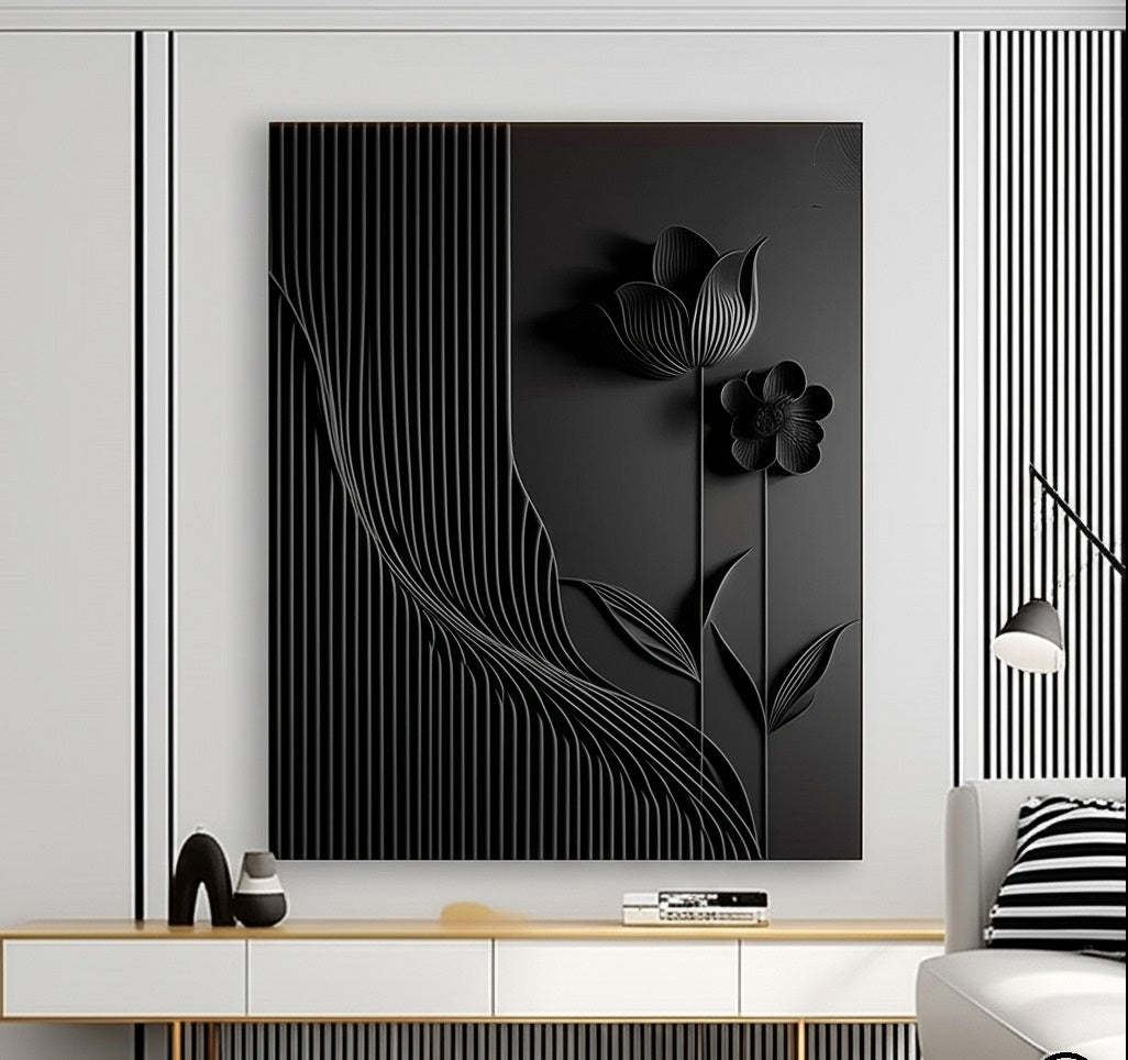 Monochrome Bloom – Large Black 3D Textured Wall Art