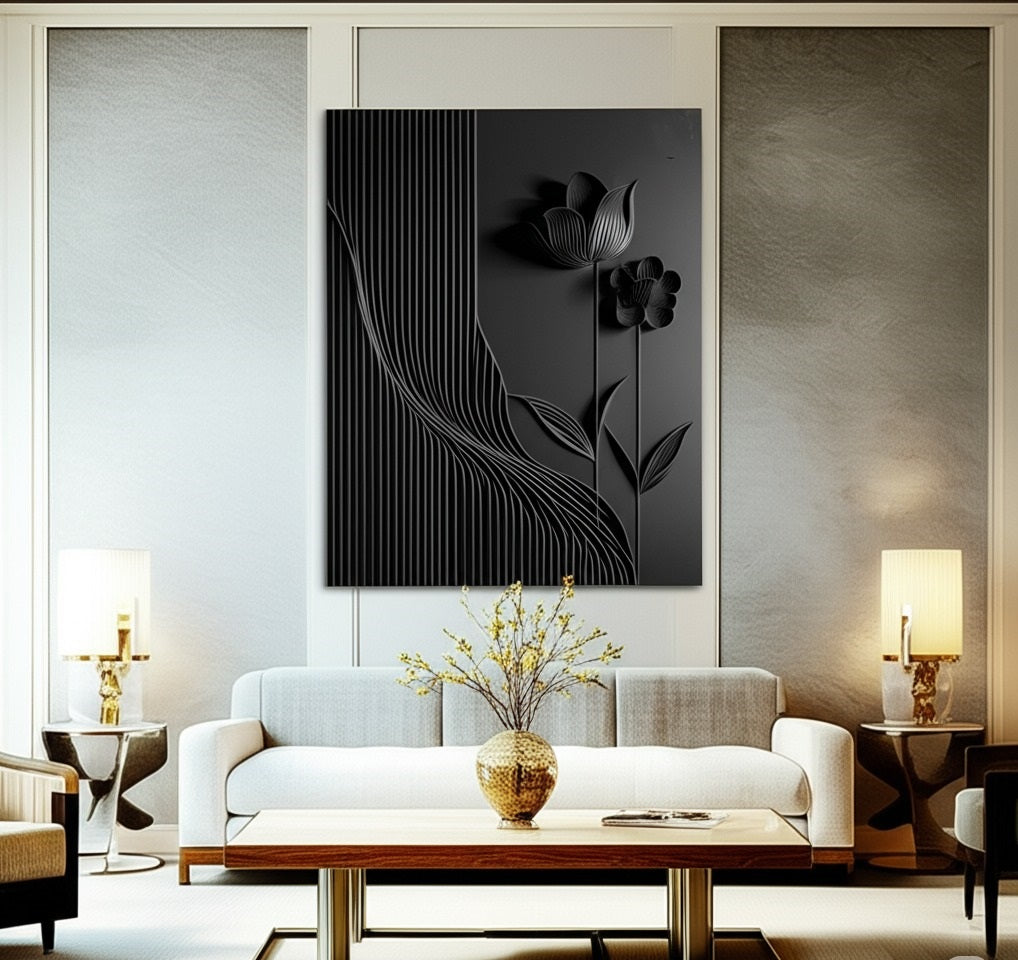 Monochrome Bloom – Large Black 3D Textured Wall Art