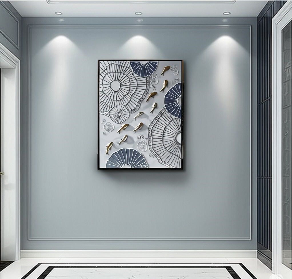 Lotus Drift: Golden Koi on Sculpted Waters