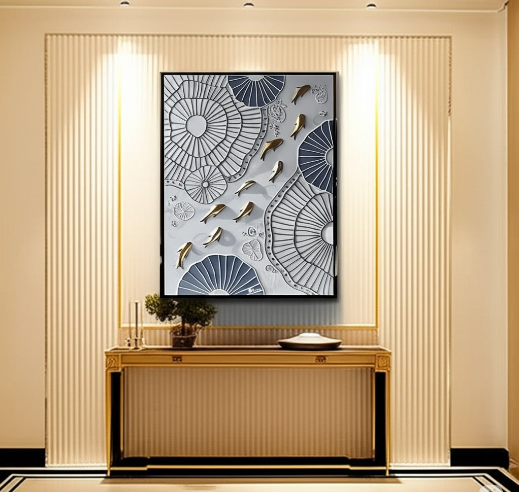 Lotus Drift: Golden Koi on Sculpted Waters